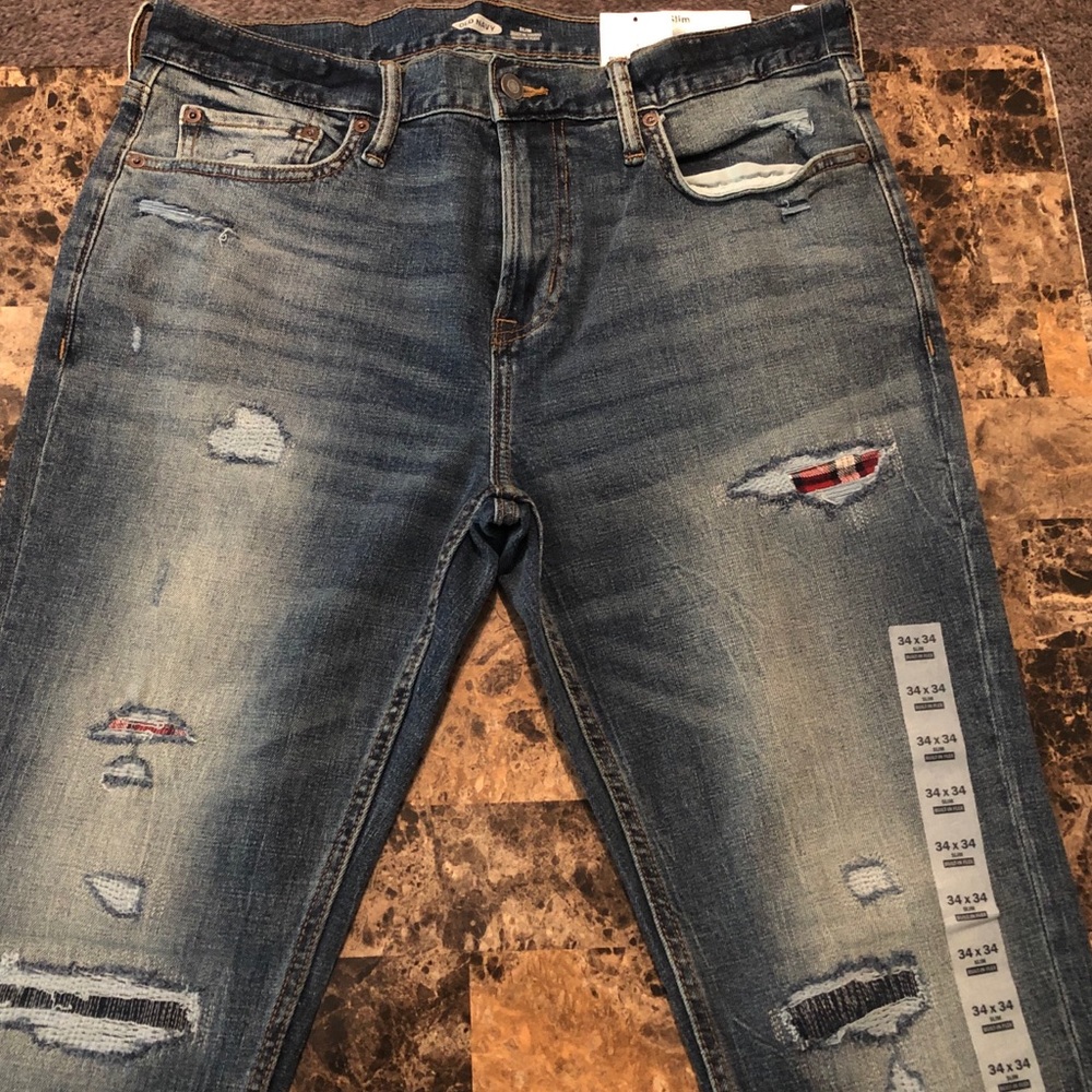 Slim ripped red flannel patches jeans
